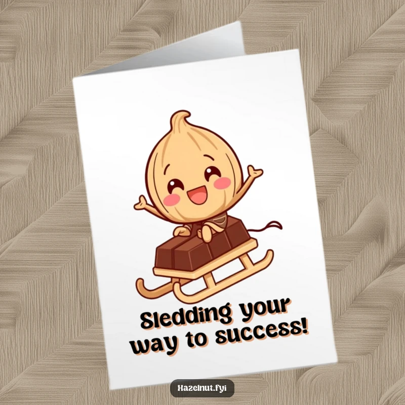 Funny Free Printable Congrats Card: A delighted hazelnut uses a chocolate bar as a sled, symbolizing a fun ride to success.