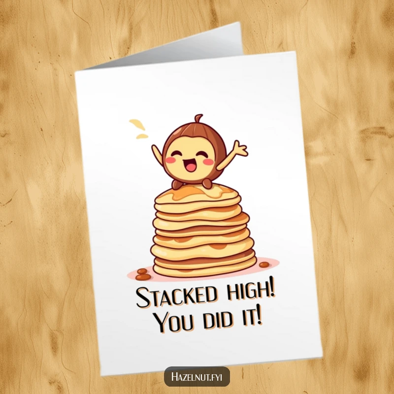Free Printable Congrats Card: A playful hazelnut character poses heroically on a huge stack of pancakes, celebrating victory.