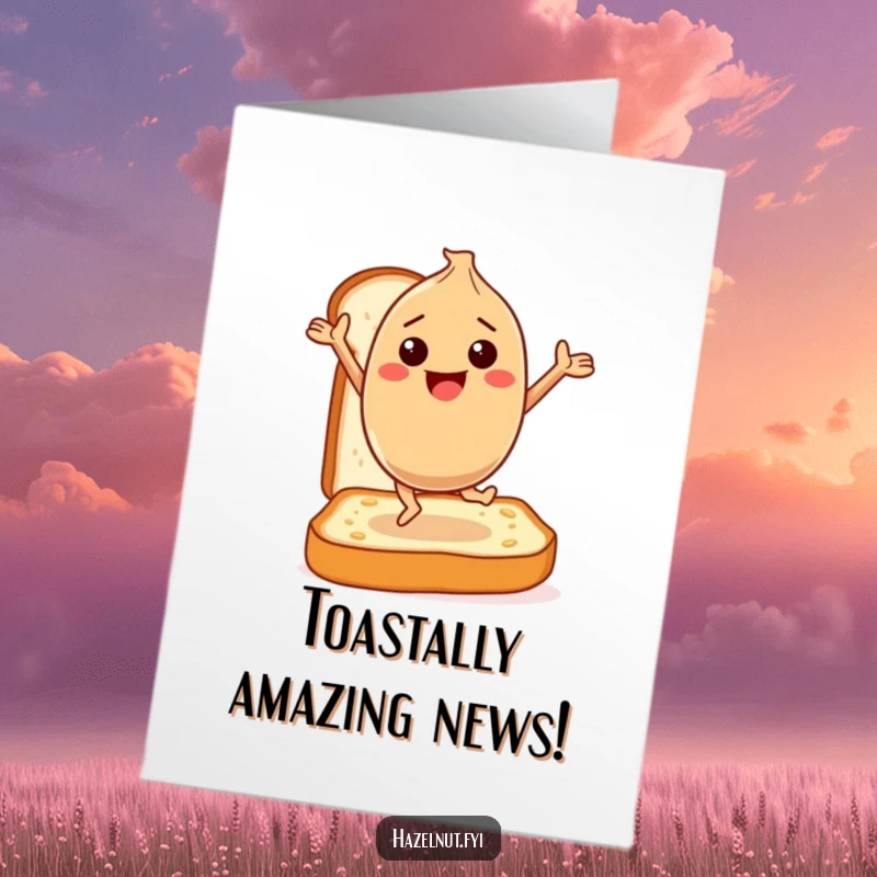 Funny Free Printable Congrats Card: A happy hazelnut dances with abandon on toast, symbolizing a joyous celebration of success.