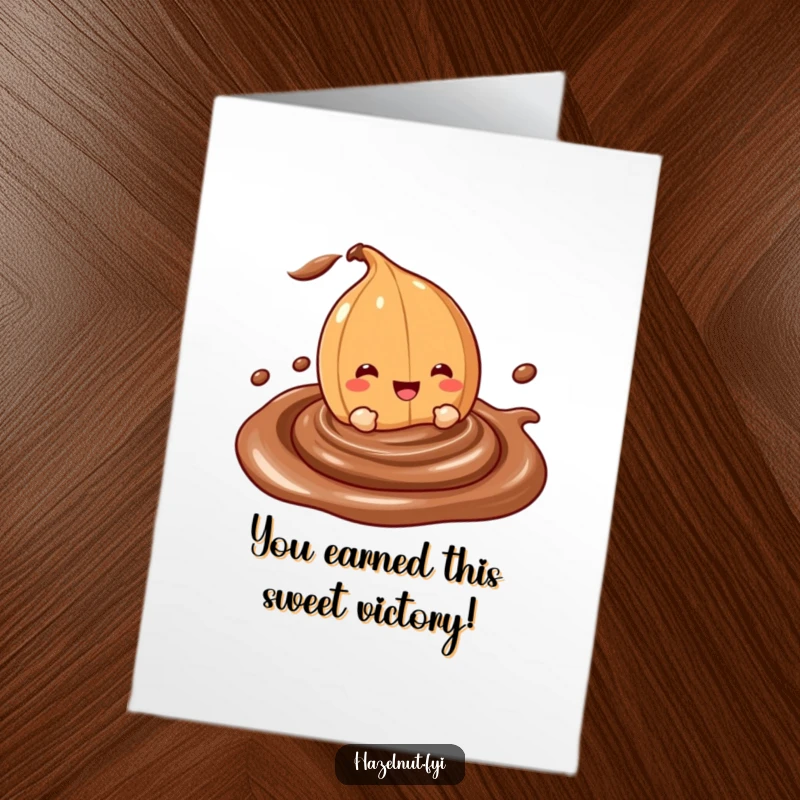 Free Printable Congratulations Card: A happy hazelnut character enjoys a decadent dip into swirling chocolate.