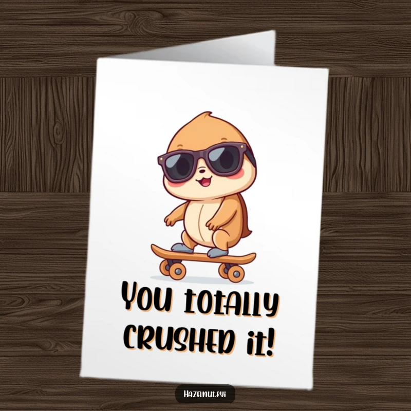 Funny Free Printable Congratulations Card: A cool hazelnut on a skateboard celebrating with sunglasses and wheels, ready to party.