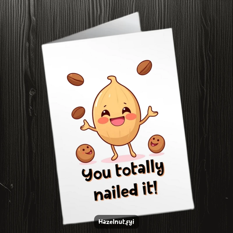 Funny Free Printable Congratulations Card: A smiling hazelnut energetically juggles three small coffee beans, celebrating success.
