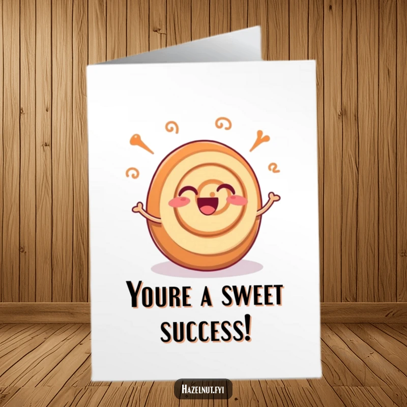 Funny Free Printable Congratulations Card: A joyful cinnamon roll with its swirls wiggling excitedly in celebration.