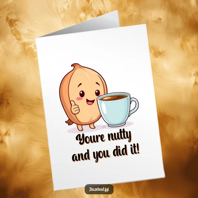 Funny Free Printable Congrats Card: A smiling hazelnut giving a thumbs up, celebrating with a warm drink.