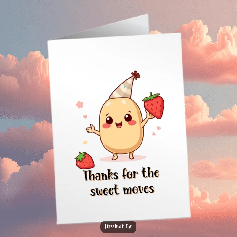 Funny Free Printable Thank You Card: A cheerful hazelnut in a party hat happily dances with a juicy strawberry slice.