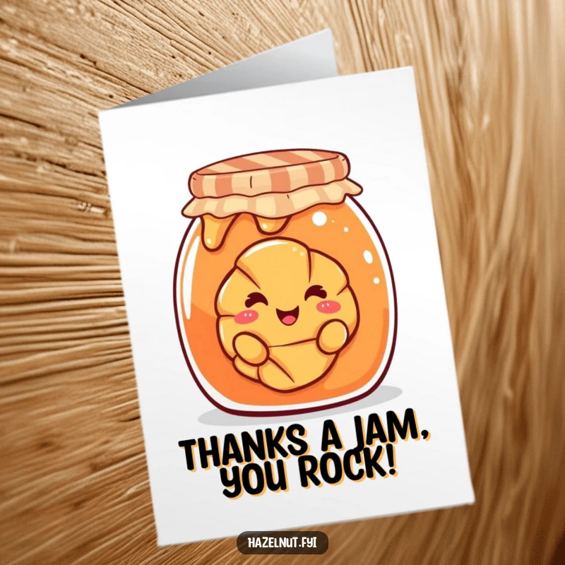 Funny Free Printable Thank You Card with a smiling croissant playfully peeking from a giant jam jar, a unique and humorous thank you.