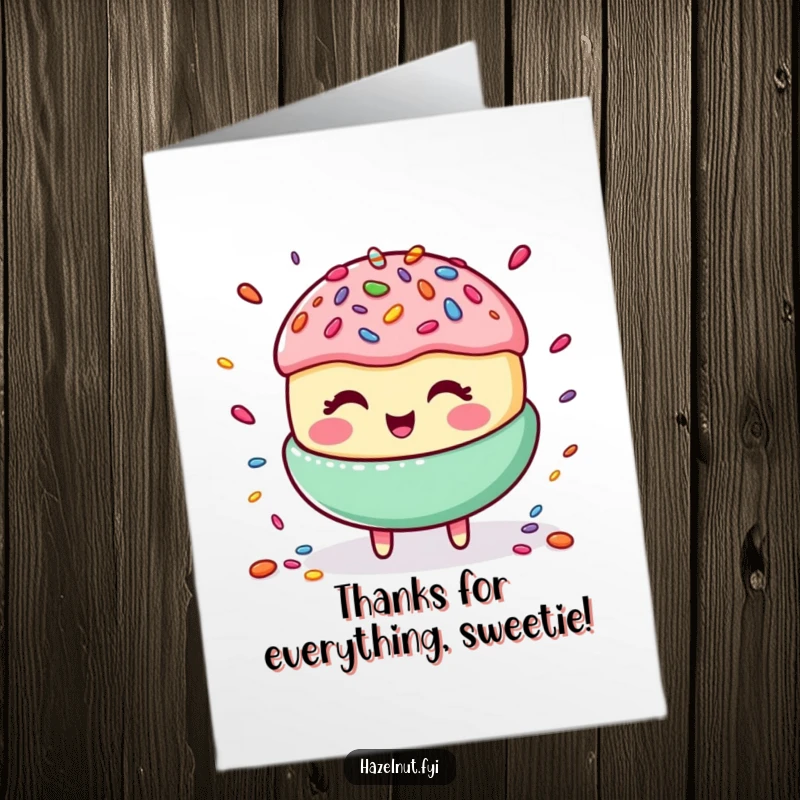 Funny Free Printable Thank You Card featuring a giggling macaroon expertly juggling rainbow candy sprinkles, a delightful expression of thanks.