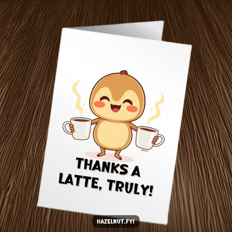 Funny Free Printable Thank You Card: A cheerful hazelnut juggles steaming coffee cups, expressing thanks with pure glee.