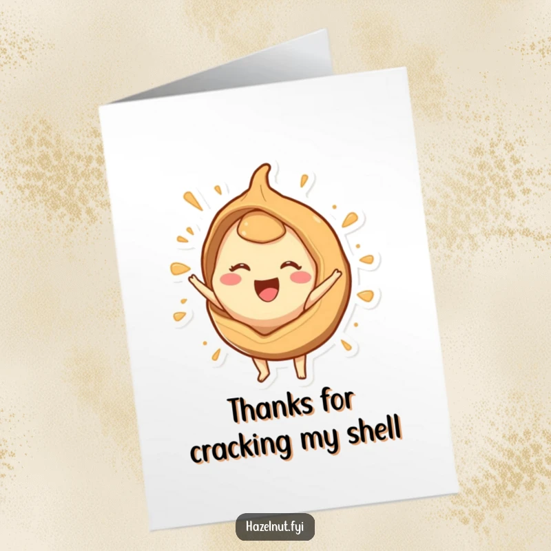 Funny Free Printable Thank You Card: A happy hazelnut character bursts from its shell, sending big thanks with enthusiasm.