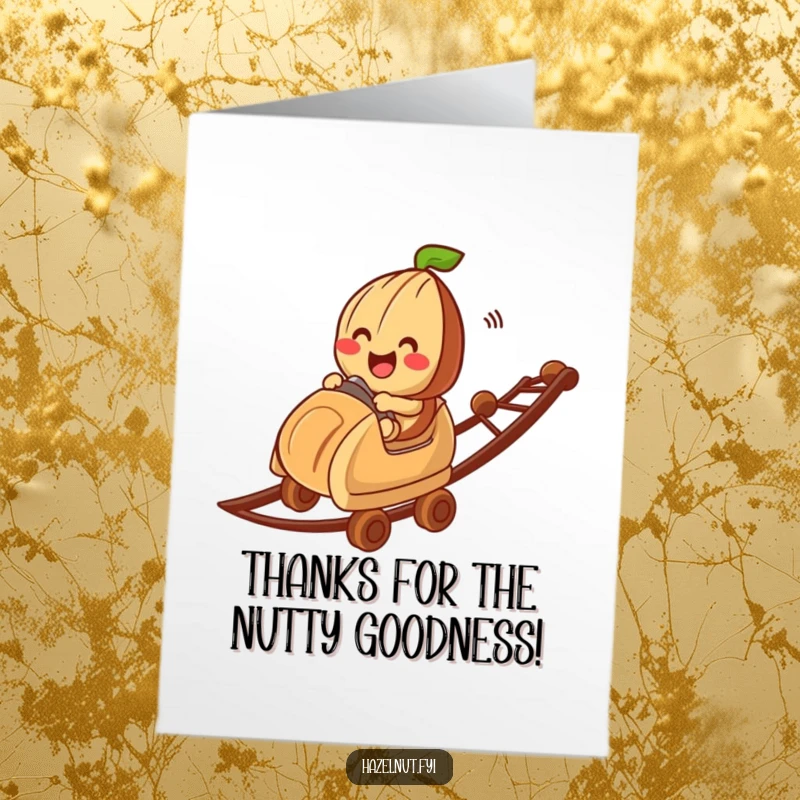 Funny free printable thank you card featuring a cheerful hazelnut character speeding down a chocolate roller coaster in gratitude.