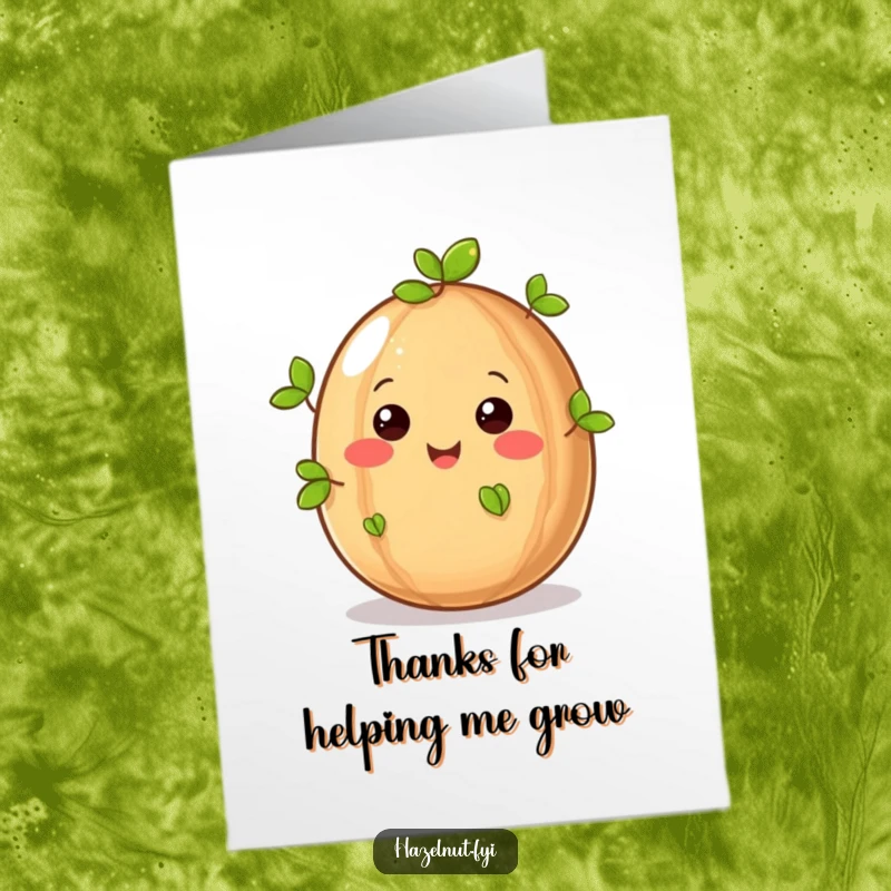 Funny Free Printable Thank You Card featuring a cheerful hazelnut sprouting leaves, expressing thanks with a nutty smile.