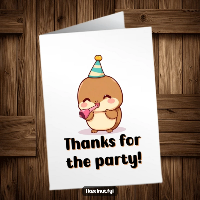 Funny Free Printable Thank You Card: Cute kawaii hazelnut in a party hat, blowing a noisemaker with excitement to convey heartfelt thanks.