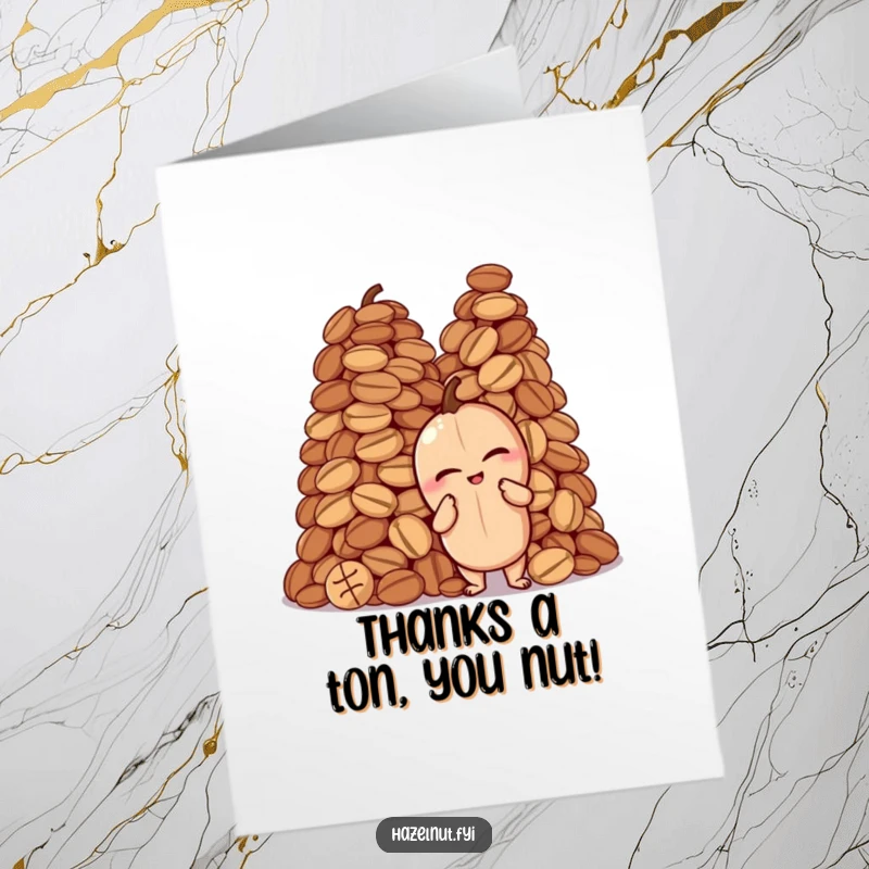 Funny Free Printable Thank You Card with a winking hazelnut proudly posing by a large pile of nuts, a humorous thank you.