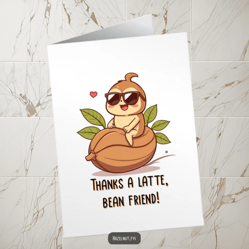 Funny Free Printable Thank You Card: Hazelnut in sunglasses rides a coffee bean, humorously expressing gratitude with style.