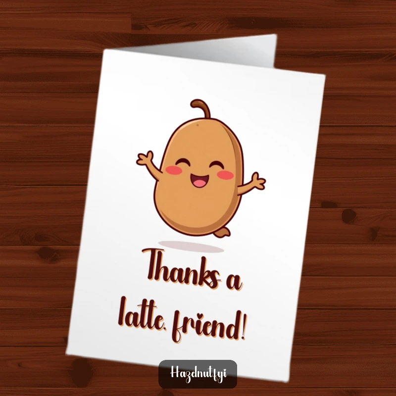 Funny Free Printable Thank You Card: A smiling coffee bean with rosy cheeks performing a cheerful hop of gratitude.
