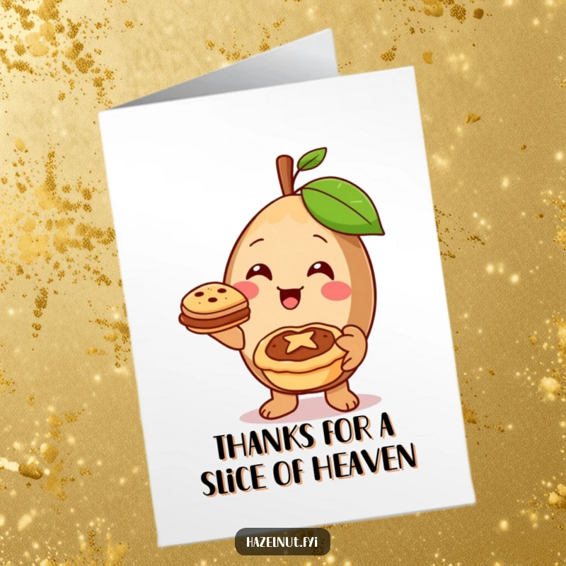 Funny Free Printable Thank You Card: A cheerful hazelnut presents a miniature pie with a warm smile, offering sincere thanks.