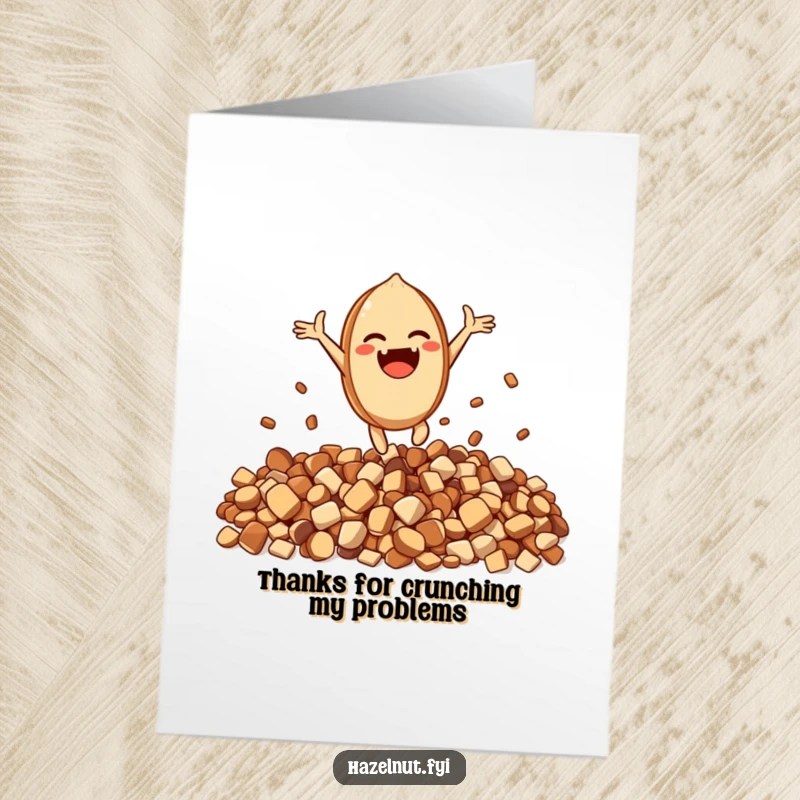 Funny Free Printable Thank You Card: An excited hazelnut character leaps with joy from a pile of crunchy bits, expressing thanks.