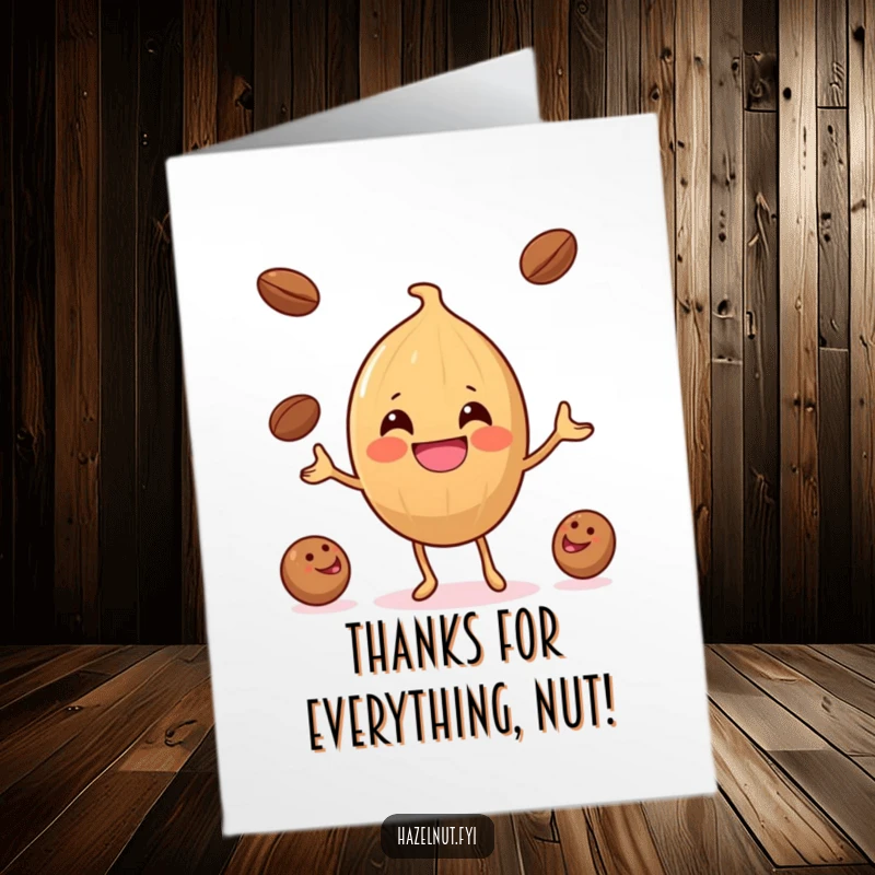 Funny Free Printable Thank You Card: A happy hazelnut with a big grin juggles coffee beans, expressing thanks.