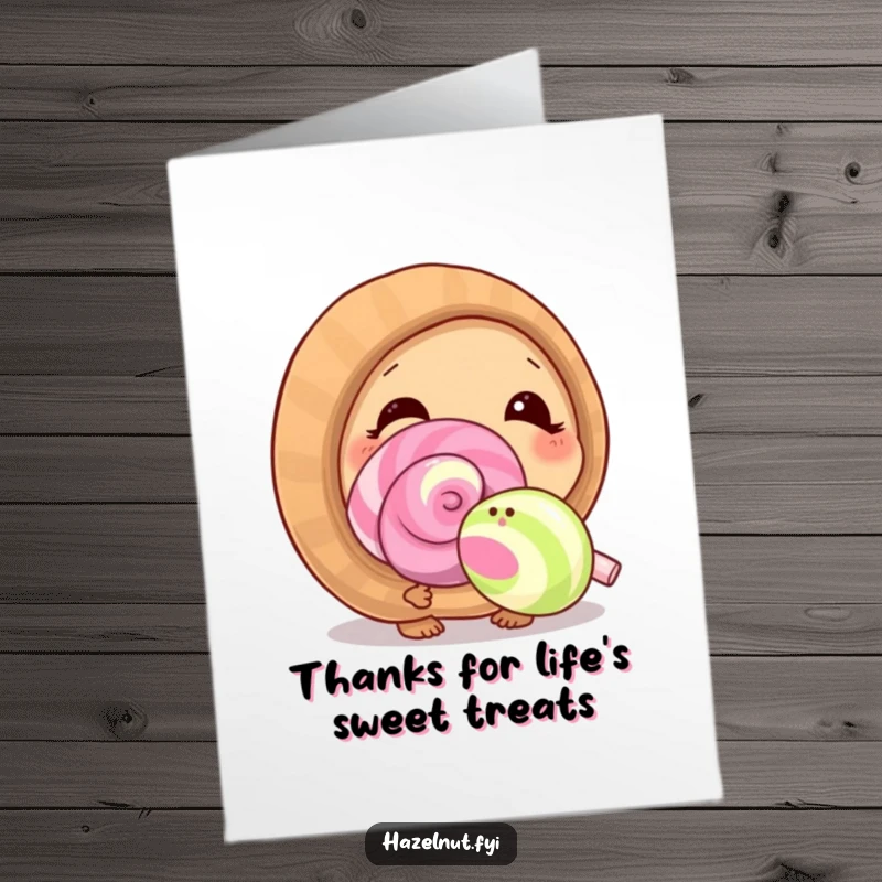 Funny Free Printable Thank You Card: A curious hazelnut savors the aroma of a giant lollipop, expressing delightful appreciation.