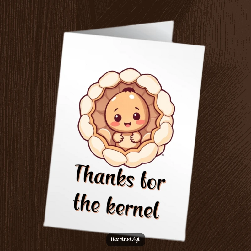 Funny Free Printable Thank You Card: A charming hazelnut peeks curiously from inside a large, hollowed-out popcorn kernel.