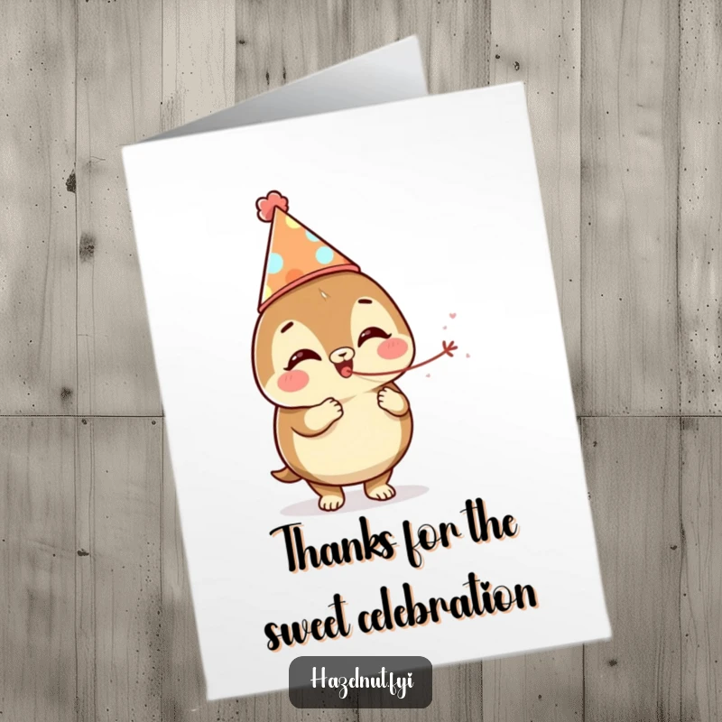 Funny Free Printable Thank You Card: A giggling hazelnut in party gear blows a streamer, adding festive fun to your thanks.