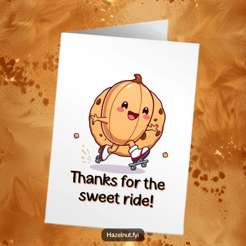 Funny Free Printable Thank You Card: Hazelnut on roller skates, zipping around a cookie, delivering thanks with energetic humor.