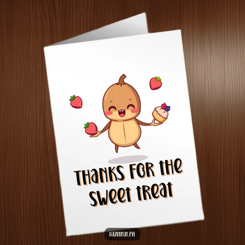 Funny Free Printable Thank You Card: A mischievous hazelnut juggles berry pastries, offering a sweet and funny thank you surprise.