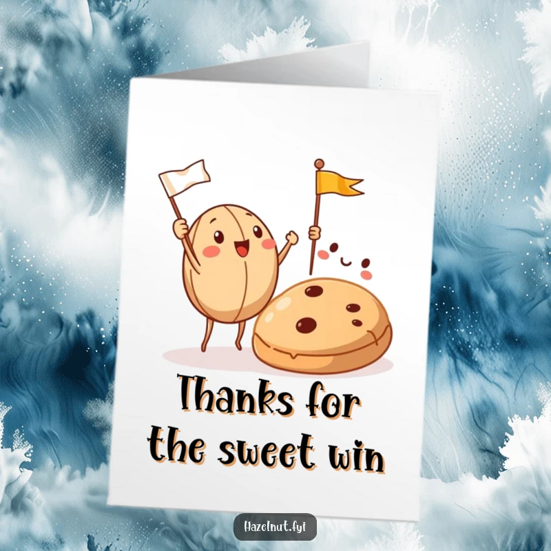 Funny Free Printable Thank You Card: Hazelnuts wave flags at a cookie, sending thanks with nutty enthusiasm. Downloadable art.