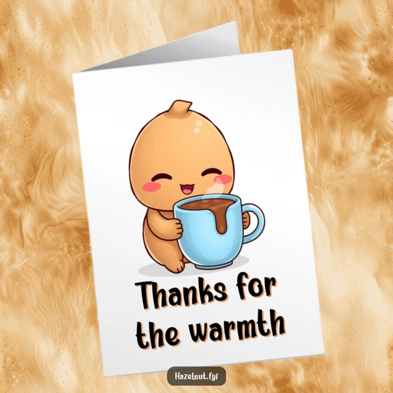 Funny Free Printable Thank You Card: Delighted hazelnut with a coy wink holds a steaming mug of hot chocolate.