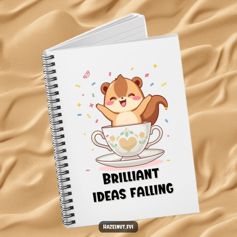 Funny, happy hazelnut balancing on a teacup, throwing confetti, featured on a notebook cover, inspiring joyful writing and planning.