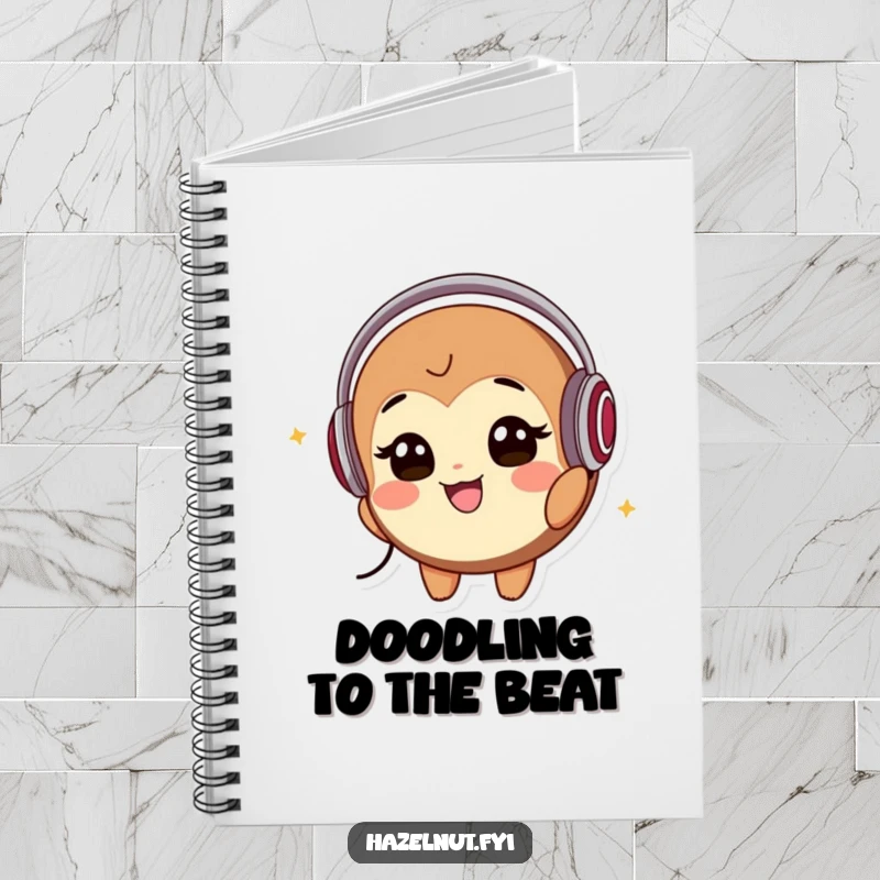 Funny Notebook: A smiling hazelnut character wearing headphones bobs its head to music, inspiring creative thoughts and nutty melodies.