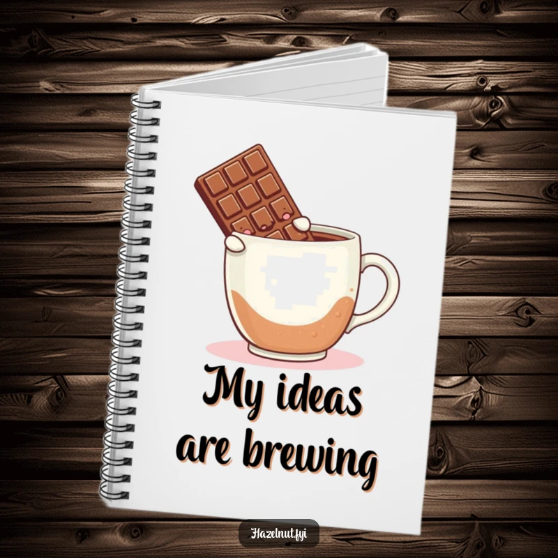 Funny notebook cover with a blushing chocolate bar leaping into a giant coffee mug, encouraging fun note-taking.