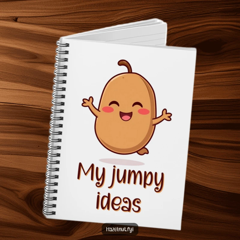Funny notebook featuring a smiling, rosy-cheeked coffee bean doing a cheerful hop, ideal for notes and creative ideas.