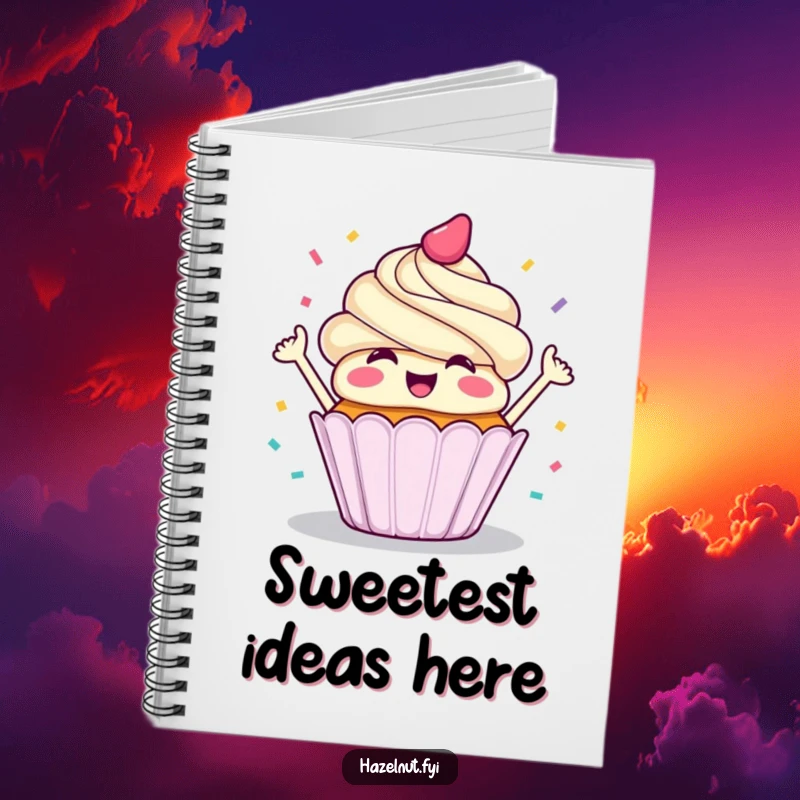Funny notebook cover with a joyful cupcake throwing confetti, perfect for jotting down happy ideas.