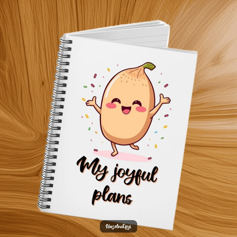 Funny notebook with a smiling kawaii hazelnut character dancing with sprinkles, perfect for journaling.