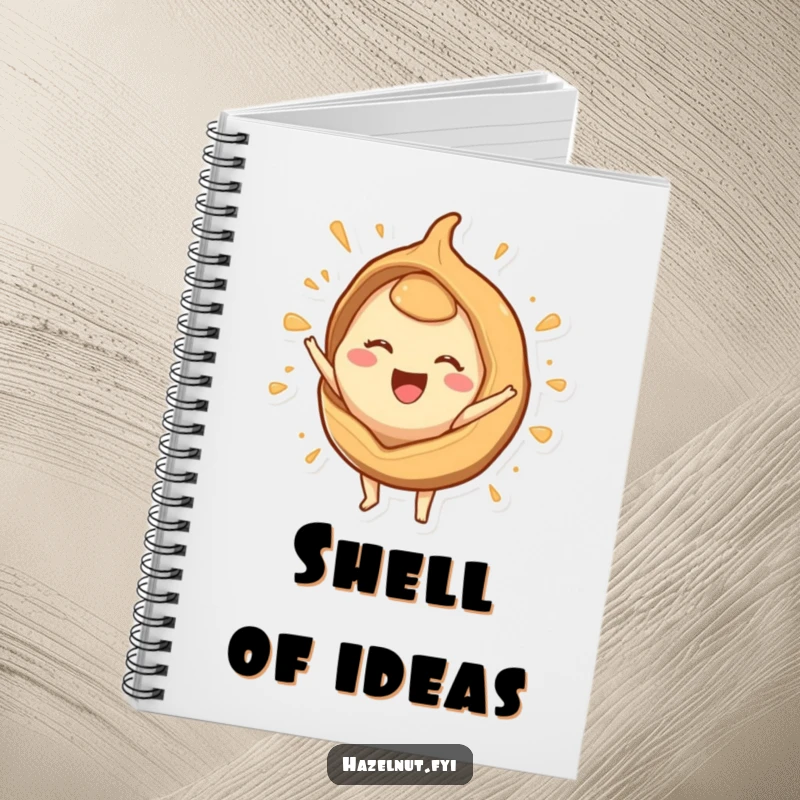 Funny notebook with a happy hazelnut character bursting from a stylized shell, perfect for journaling exciting new ideas.