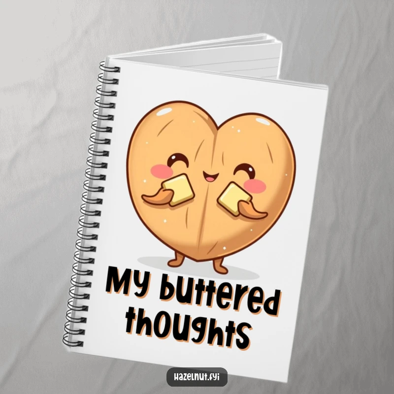 Funny notebook with a playful hazelnut character forming a heart shape with butter pats, perfect for jotting down ideas humorously.