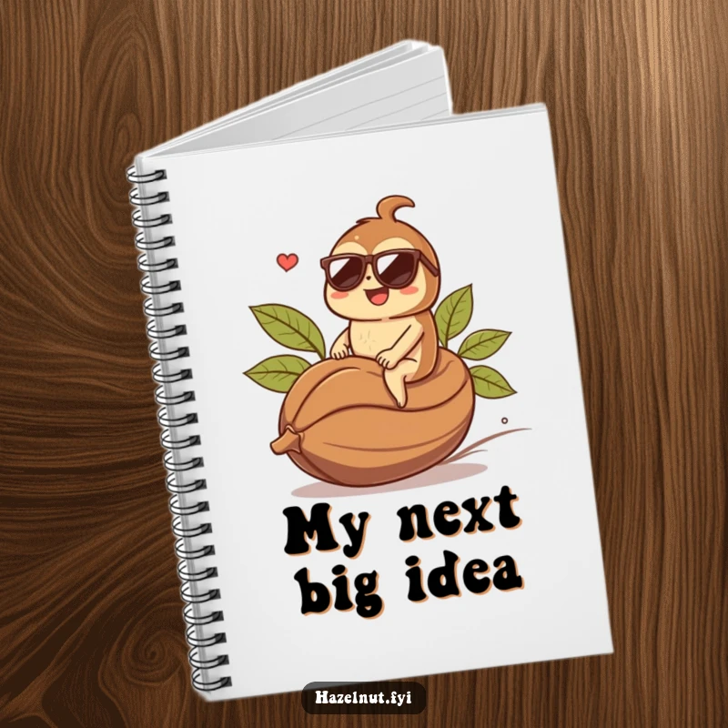 Funny hazelnut character wearing sunglasses, riding a giant coffee bean, on the cover of a notebook. Ideal funny gift.