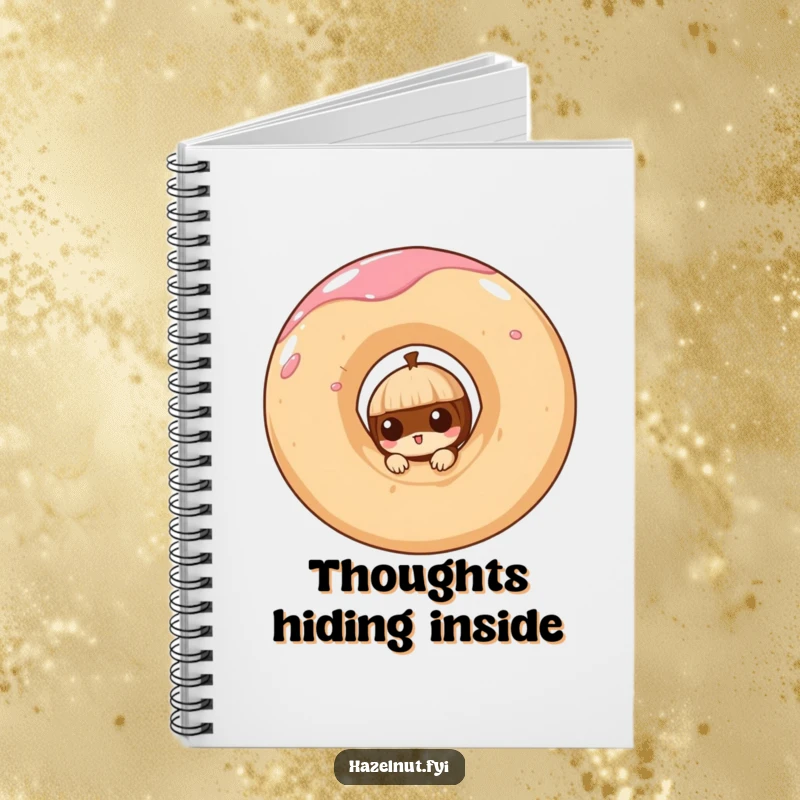 Funny notebook featuring a curious hazelnut peeking from a giant, swirling doughnut, for capturing sweet inspirations.