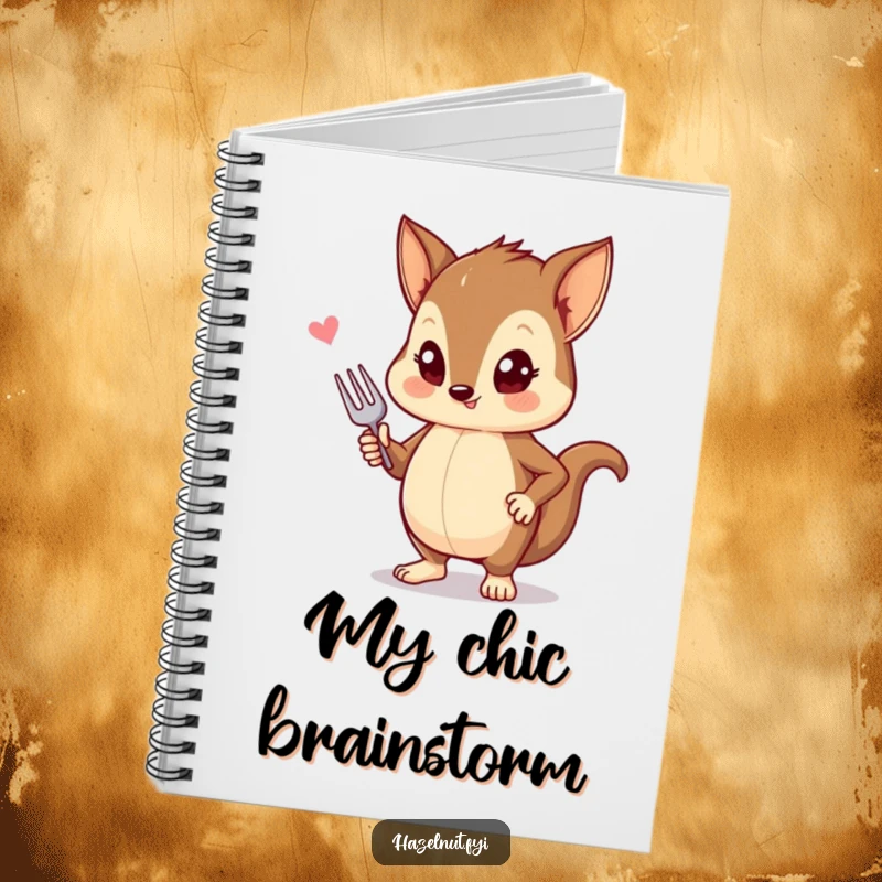 Funny notebook featuring a stylish hazelnut striking a pose with a tiny fork, for capturing chic inspirations.