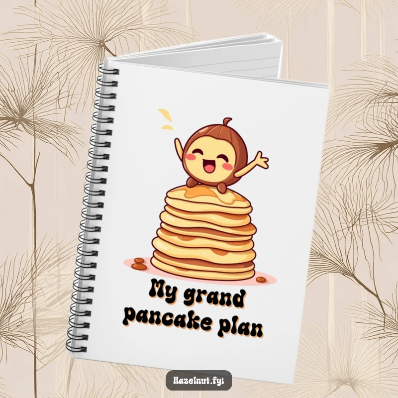 Funny hazelnut character notebook, striking a dramatic pose on a towering stack of pancakes, humorous stationery for creative minds.