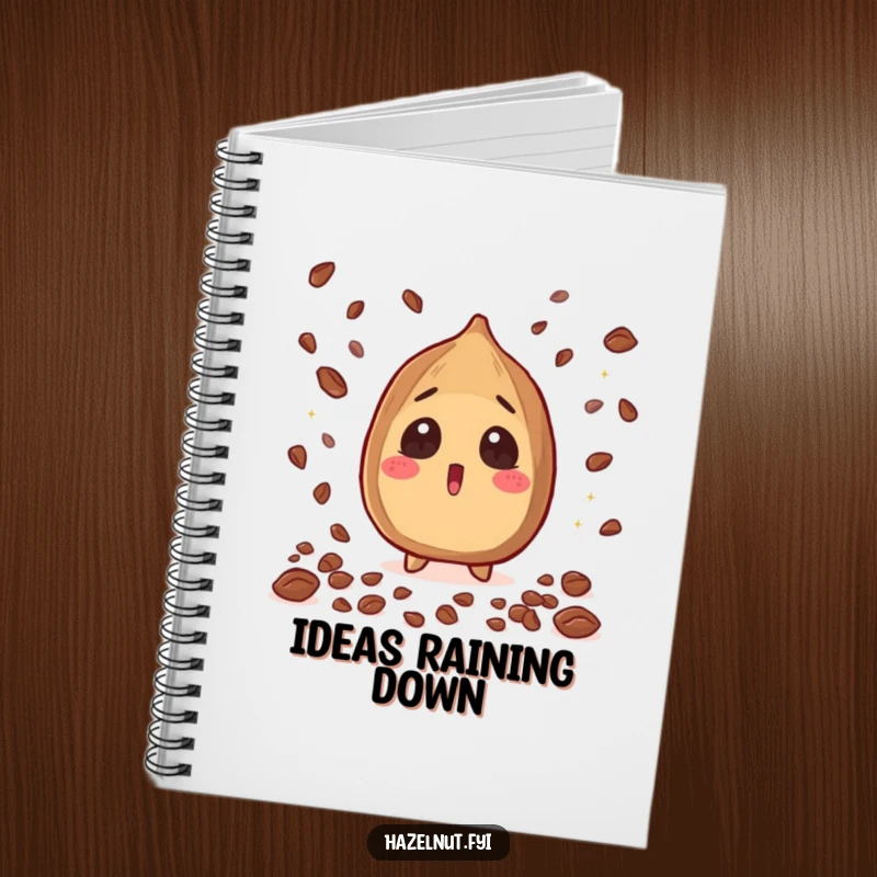 Funny Hazelnut Notebook cover: a shocked hazelnut with big eyes, cacao nibs raining down, perfect for jotting notes, funny gift.