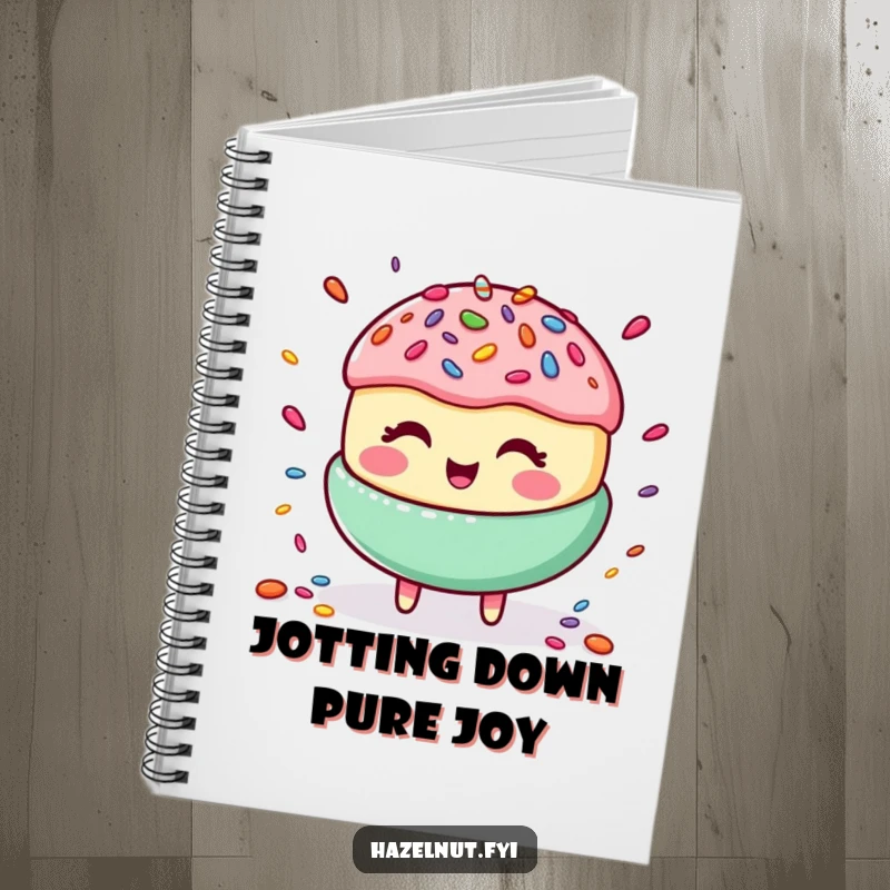 Funny notebook cover with a happy, giggling macaroon juggling colorful candy sprinkles, encouraging fun and creative writing.
