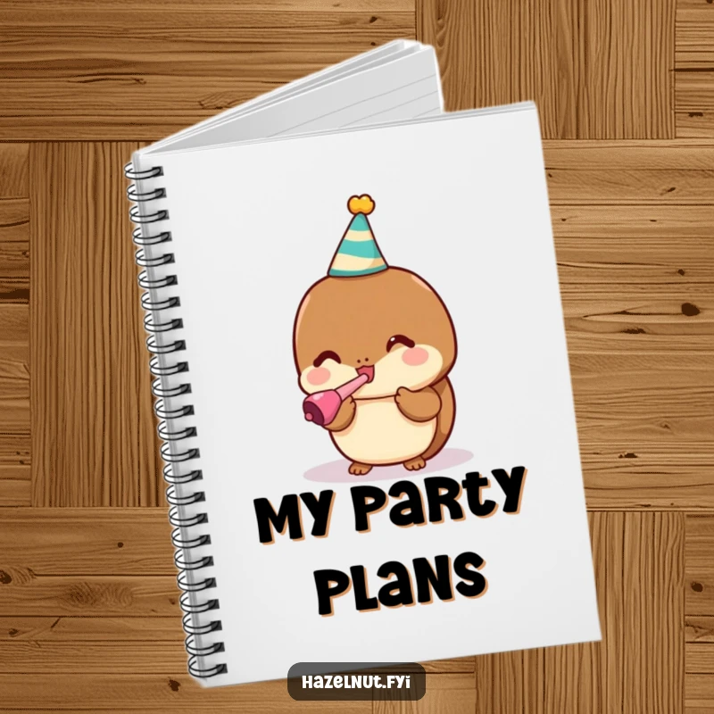 Funny notebook with a cute kawaii hazelnut wearing a party hat, blowing a noisemaker, for planning.