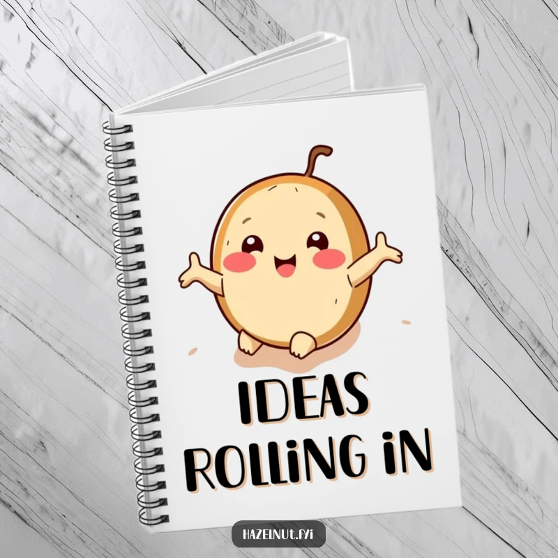 Funny hazelnut notebook with arms outstretched, rolling downhill joyfully, ideal for jotting down hilarious thoughts.