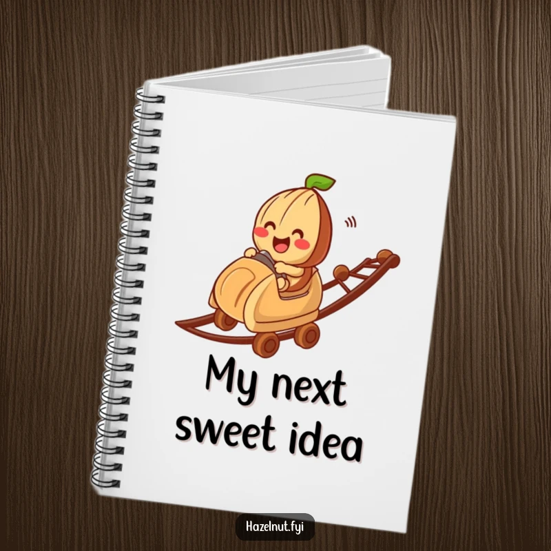 Funny hazelnut character riding a chocolate bit roller coaster, on a notebook cover, ideal for humorous note-taking and gifting.