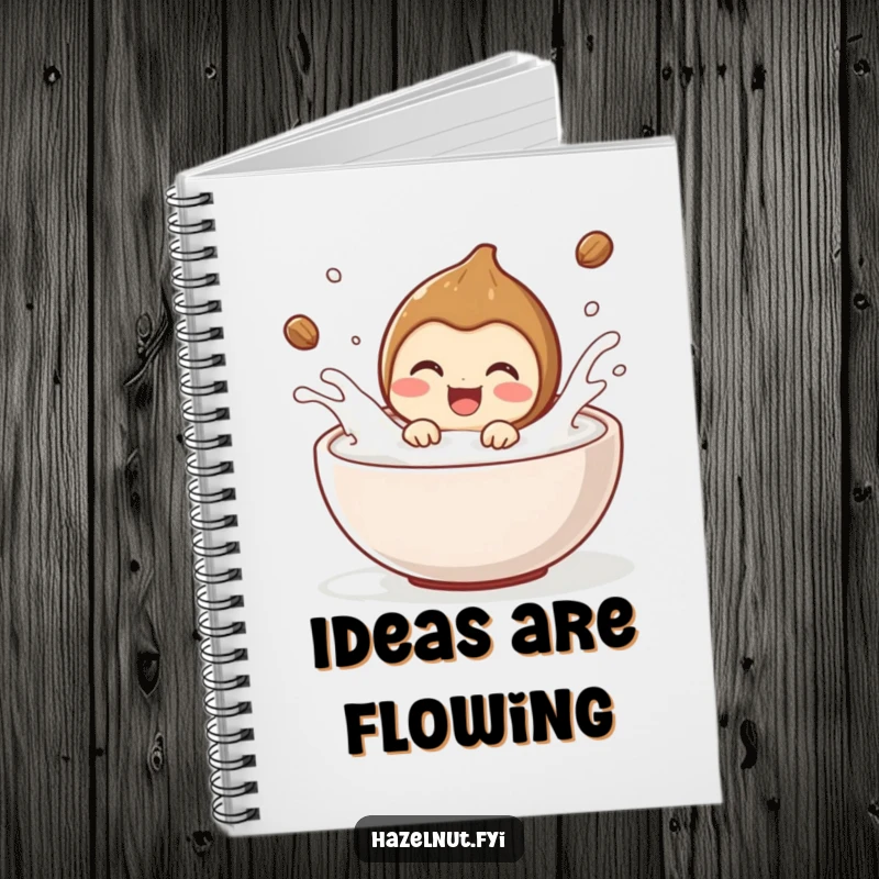 Funny hazelnut character delighted, splashing joyfully in milk, on the cover of a notebook. Ideal funny gift.