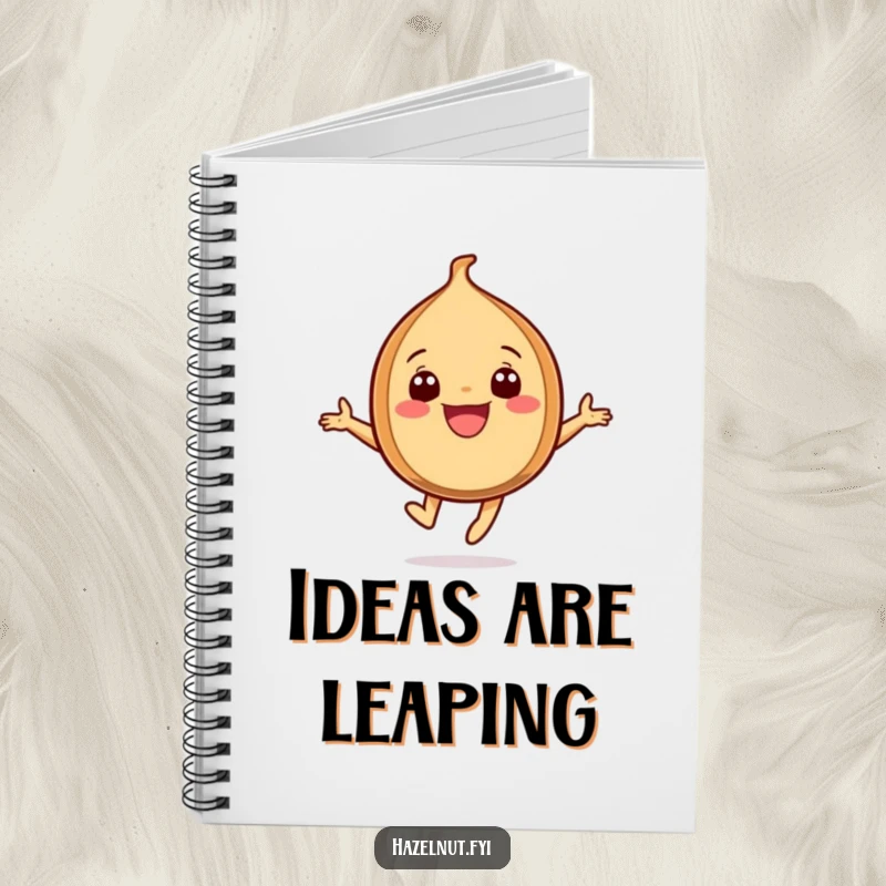 Funny Leaping Hazelnut Notebook, a grinning hazelnut character leaping high in the air, perfect for writing.