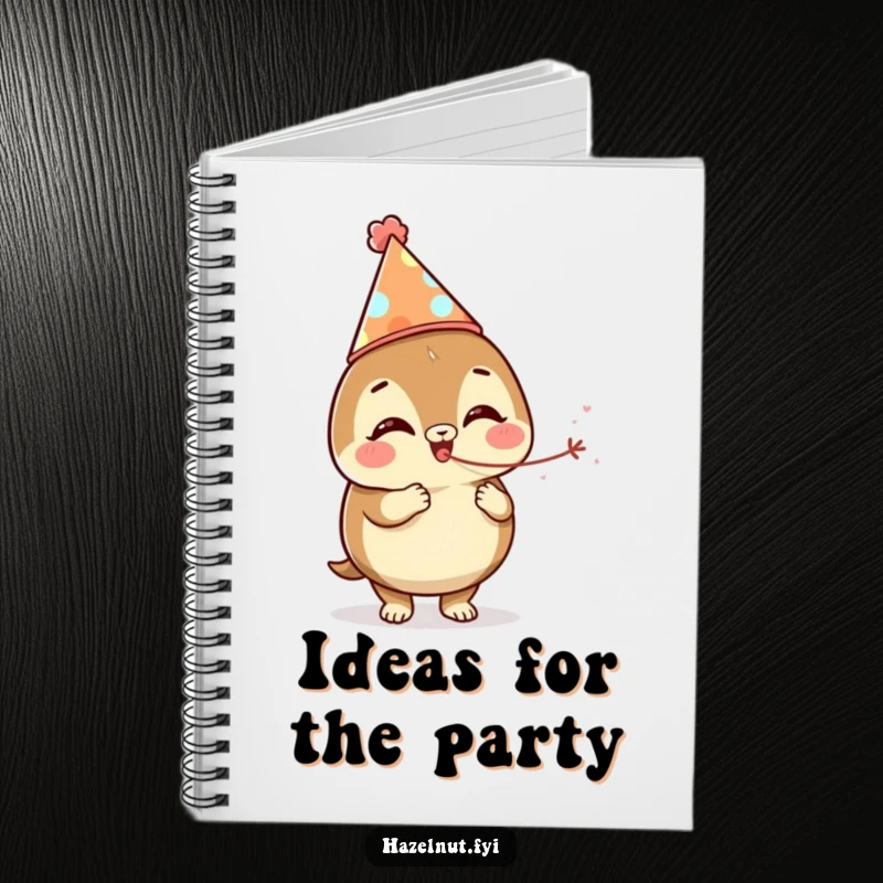 Funny hazelnut in a party hat blowing a streamer, ready to capture ideas in a festive notebook.