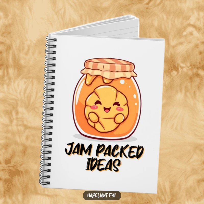 Funny notebook cover with a smiling croissant playfully peeking out from a giant jam jar, encouraging fun note-taking.